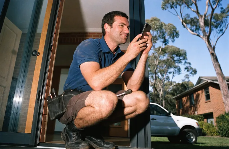 Australian tradesperson crouching in a doorway on site using a smartphone