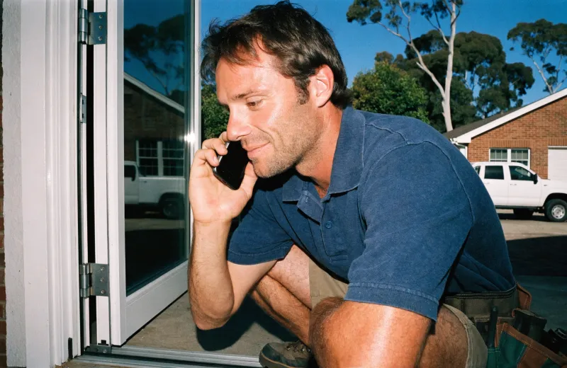 Australian tradesperson taking a phone call while crouched beside a glass door on site