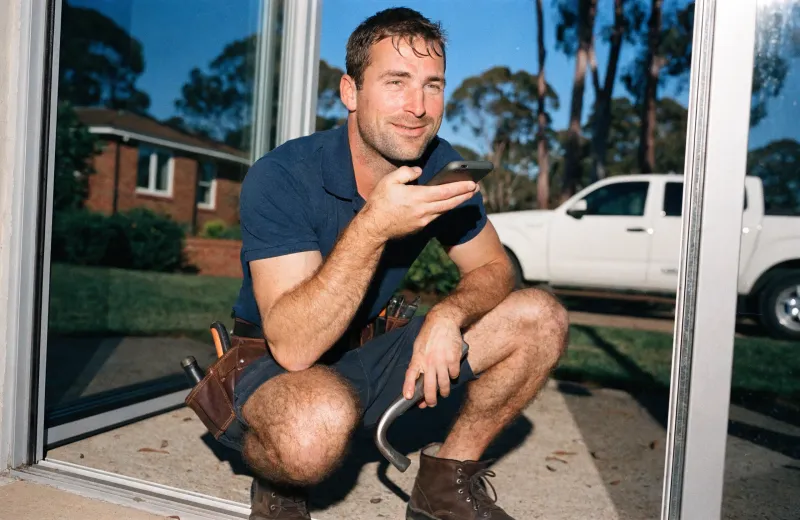 Australian tradesperson crouching by a glass door using a phone on speaker