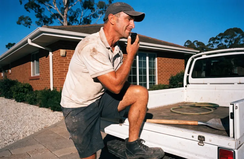 Australian landscaper sitting on a ute tray speaking into a phone outside a brick house