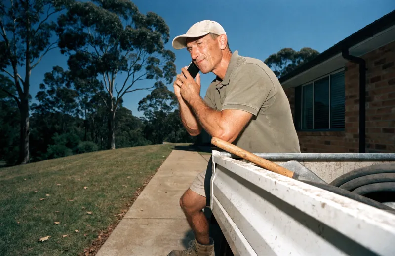 Australian landscaper in a cap leaning on a ute tray taking a phone call on site
