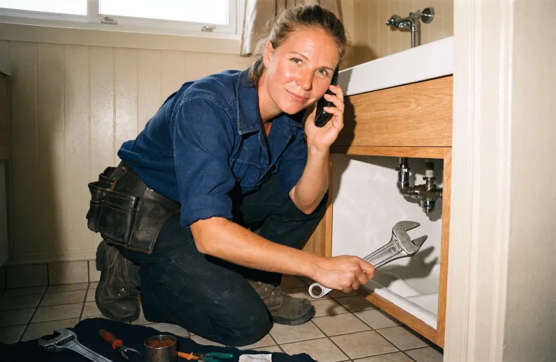 Australian plumber repairing a sink pipe with a wrench while taking a phone call