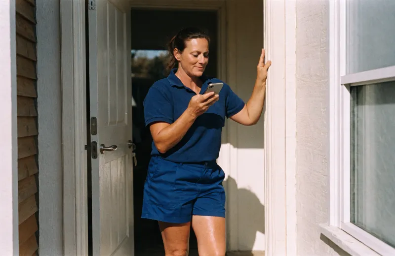 Australian tradesperson standing in a doorway reading a message on a phone