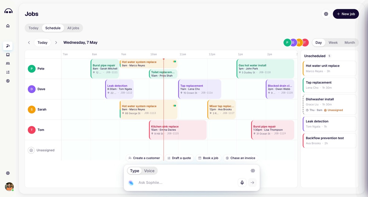 The Sophiie jobs schedule, showing a day of work dispatched across four crew members alongside quoting, booking and invoicing actions.