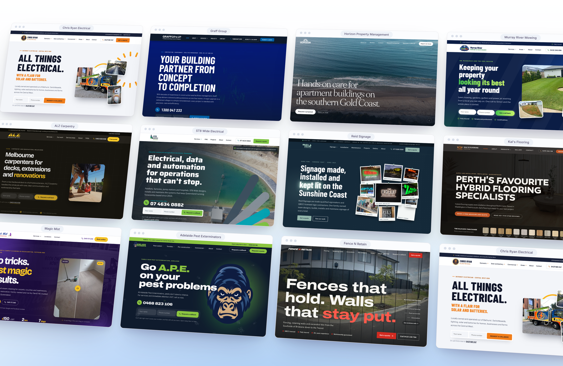Websites Sophiie built, shown as browser windows on a tilted wall: Chris Ryan Electrical, Graff Group, Horizon Property Management, Murray River Mowing, ALZ Carpentry, ST8 Wide Electrical, Reid Signage, Kal's Flooring, Magic Mist, Adelaide Pest Exterminators and Fence N Retain